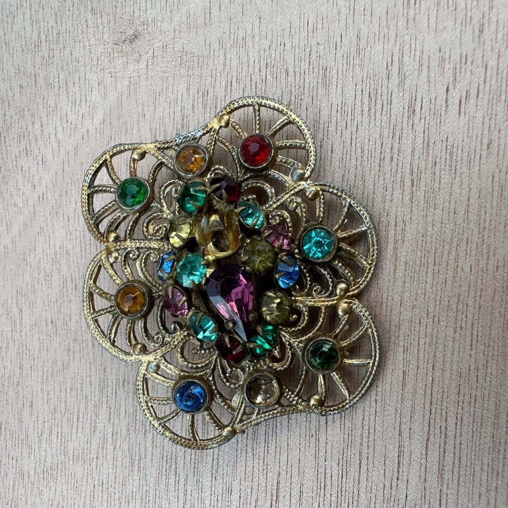 Elegant Gold Filled Multicolor Gemstone Vintage Brooch
